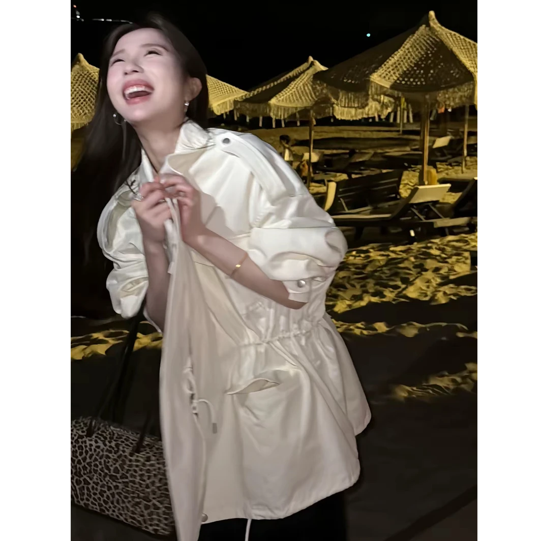 YPP!【汉玉白风衣】韩系ins抽绳口袋风衣外套气质中长款英伦风