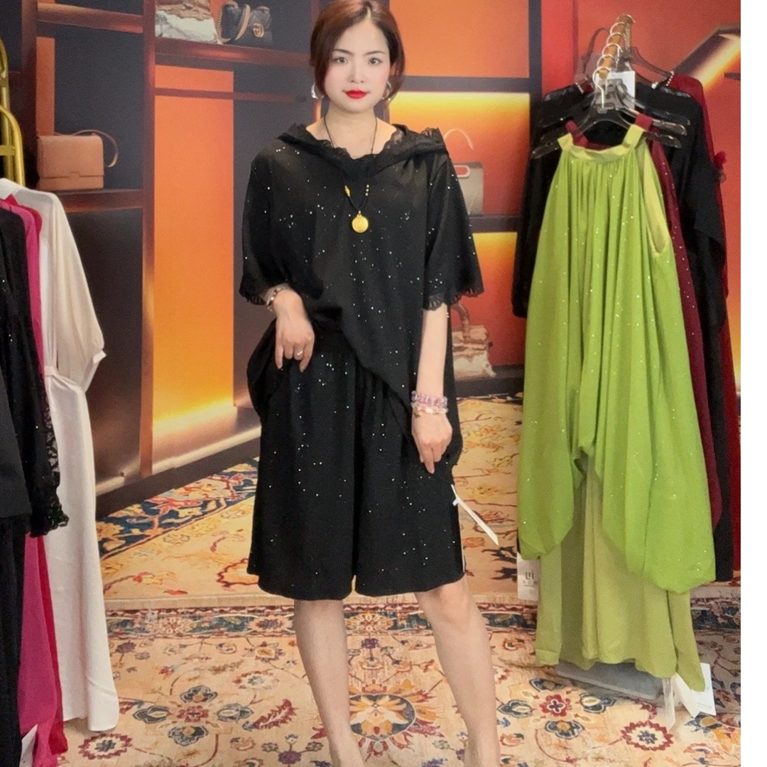 88932蕾丝连帽短袖套装显瘦遮肉大码时尚设计感T恤