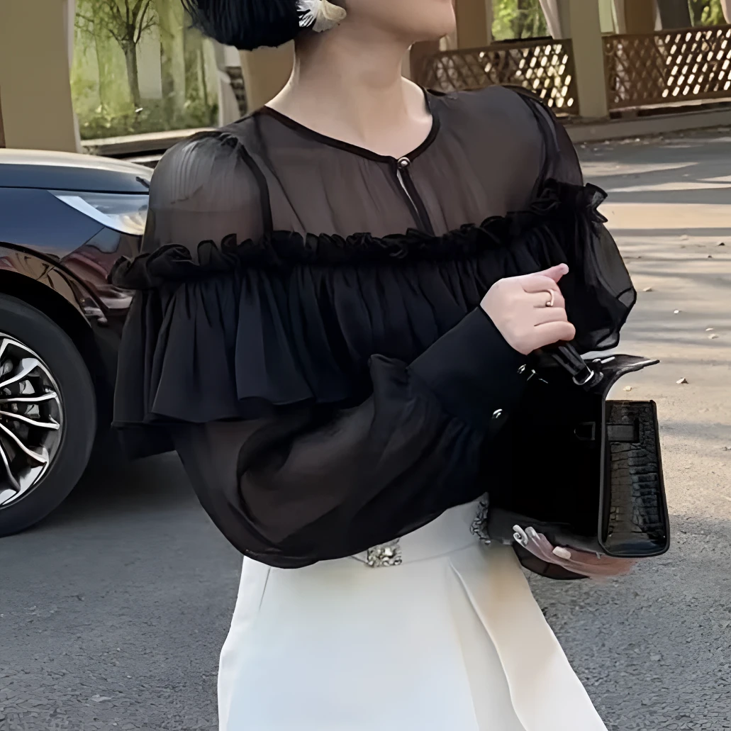 气质小众显白荷叶边长袖衬衫+高腰显瘦短裤裤裙套装2025夏季新款