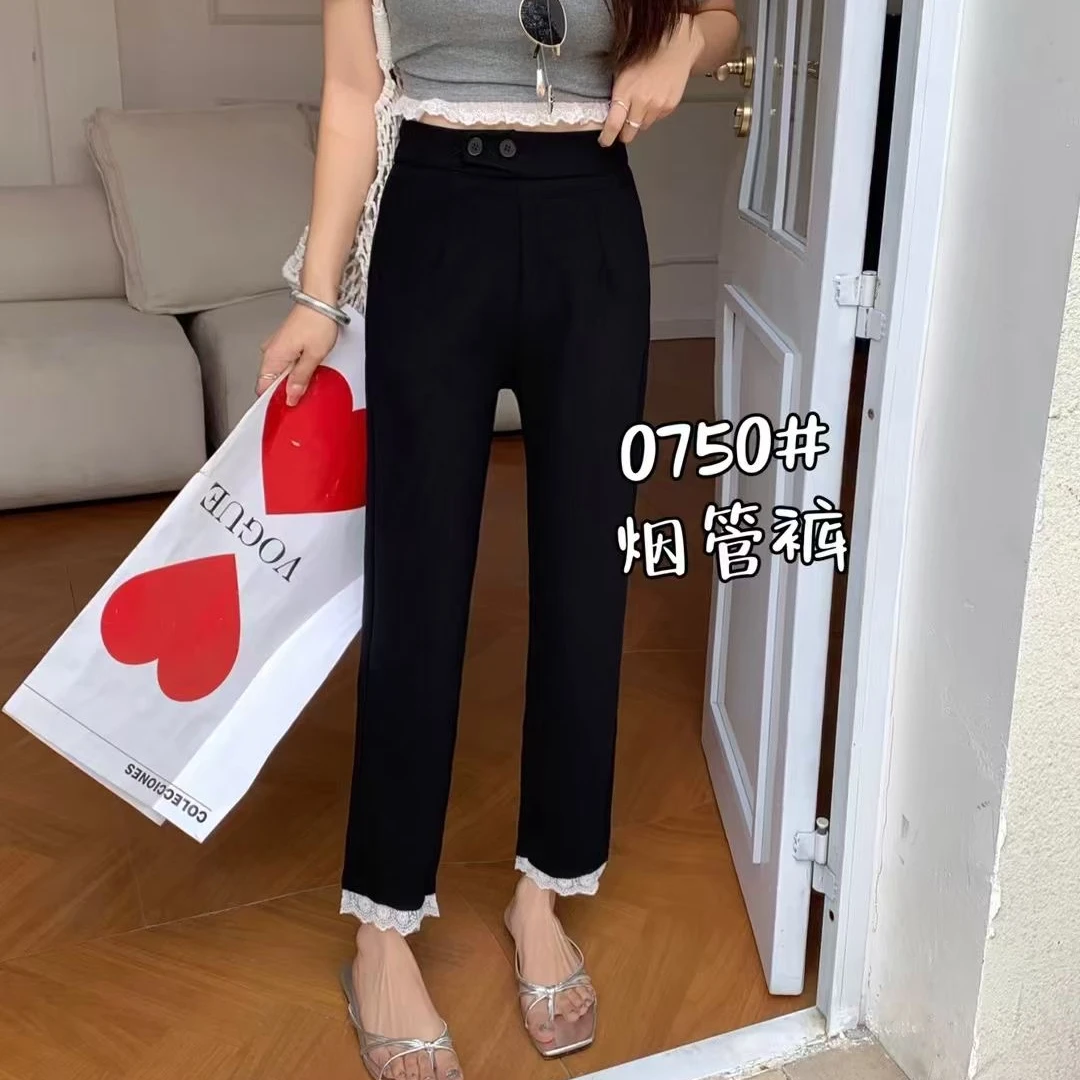 【八分蕾丝烟管裤】春夏新款修身显瘦百搭拼接蕾丝边腿精小黑烟管裤