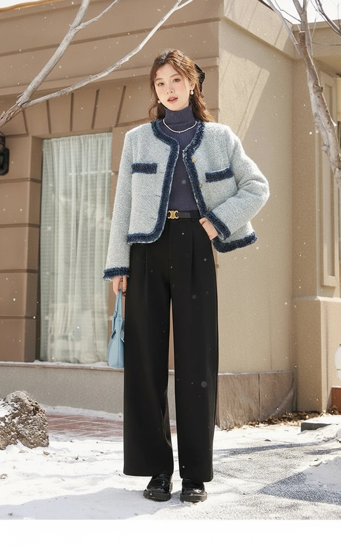 【纪朵研】Y058加厚款小香风时尚套装女装高腰复古套装秋冬阔腿裤女