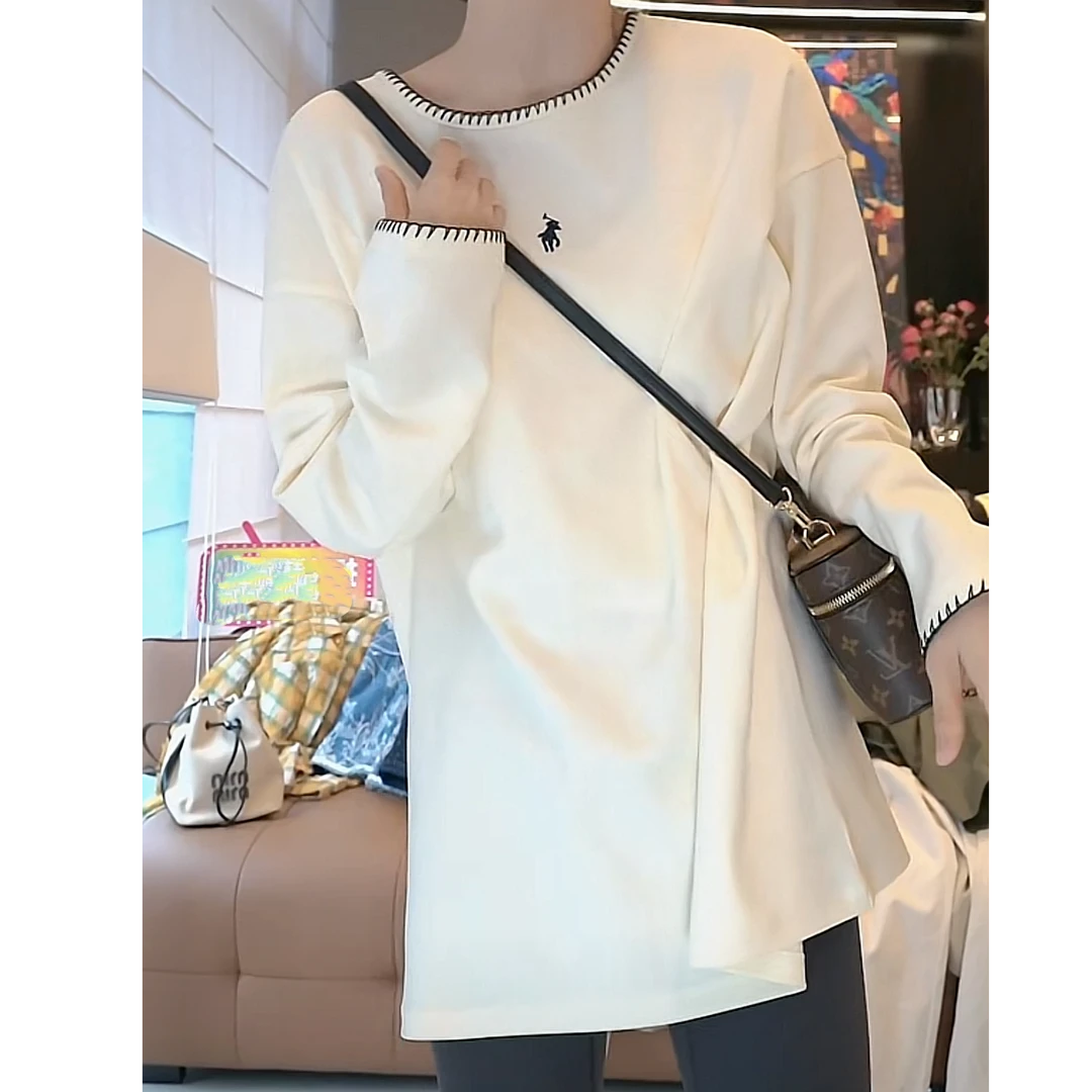 简约小马刺绣宽松百搭大版休闲长袖T恤女2025新款春季设计感上衣