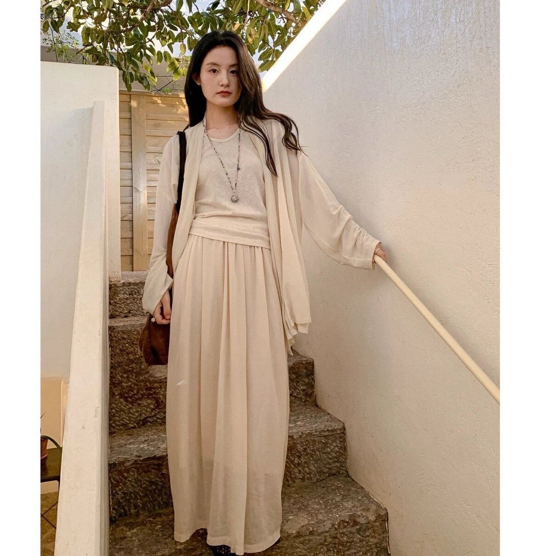 简约百搭U领针织背心慵懒纯色宽松显瘦针织开衫高腰长款半身裙