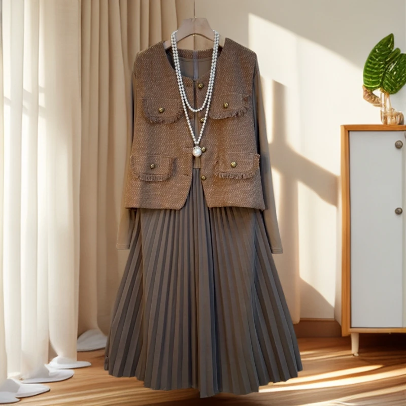 法式小香风马甲外套连衣裙两件套2025秋季新款大码胖妹妹时髦套装