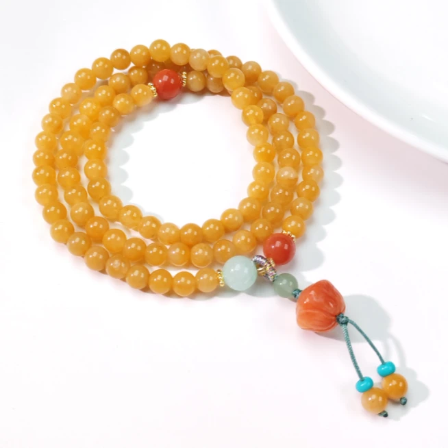 【华之京】天然金丝玉多圈6mm圆珠手串+铃兰花小吊坠-DYM