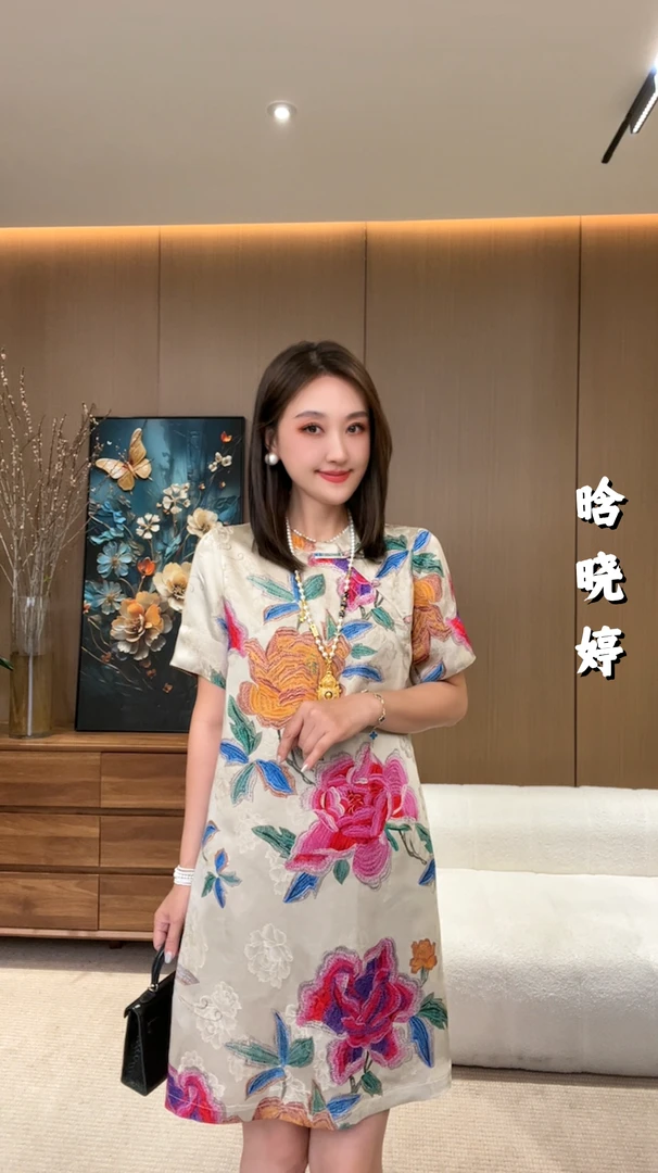 【花开富贵】香云纱工艺25年新款原创设计师新中式重磅高级裙子T409