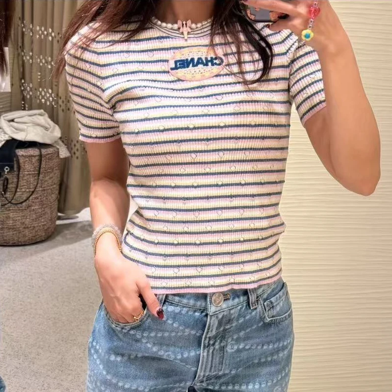 99新 Chanel/香奈儿 36码25P彩色条纹刺绣字母图案针织短袖