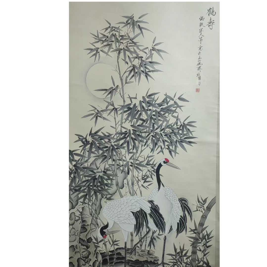 于老 款双鹤祝寿立轴140*65约8.1平尺