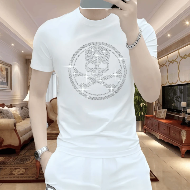 欧洲站新款冰丝修身型烫钻百搭男士T恤夏季短袖轻奢时尚休闲潮流
