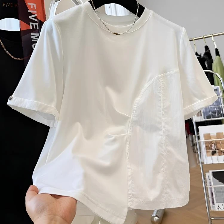 韩系设计感独特别致夏日宽松大码240斤圆领不规则褶皱短袖T恤上衣