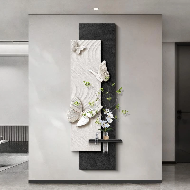 现代简约玄关装饰画水培绿植黑白蝴蝶立体挂画入户走廊高级感壁画