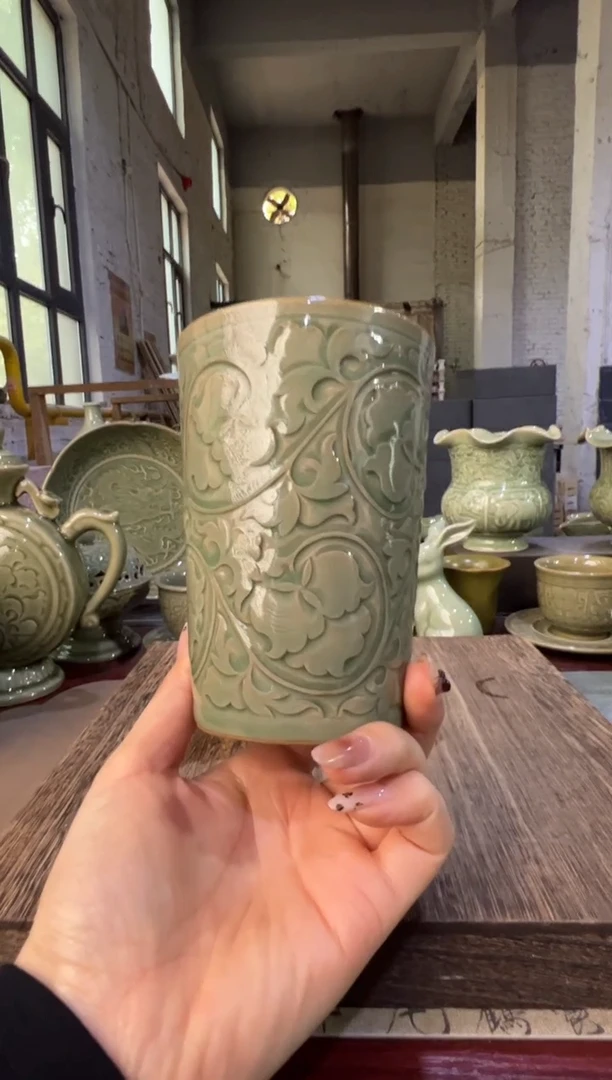 耀州窑纯手工牡丹可乐杯