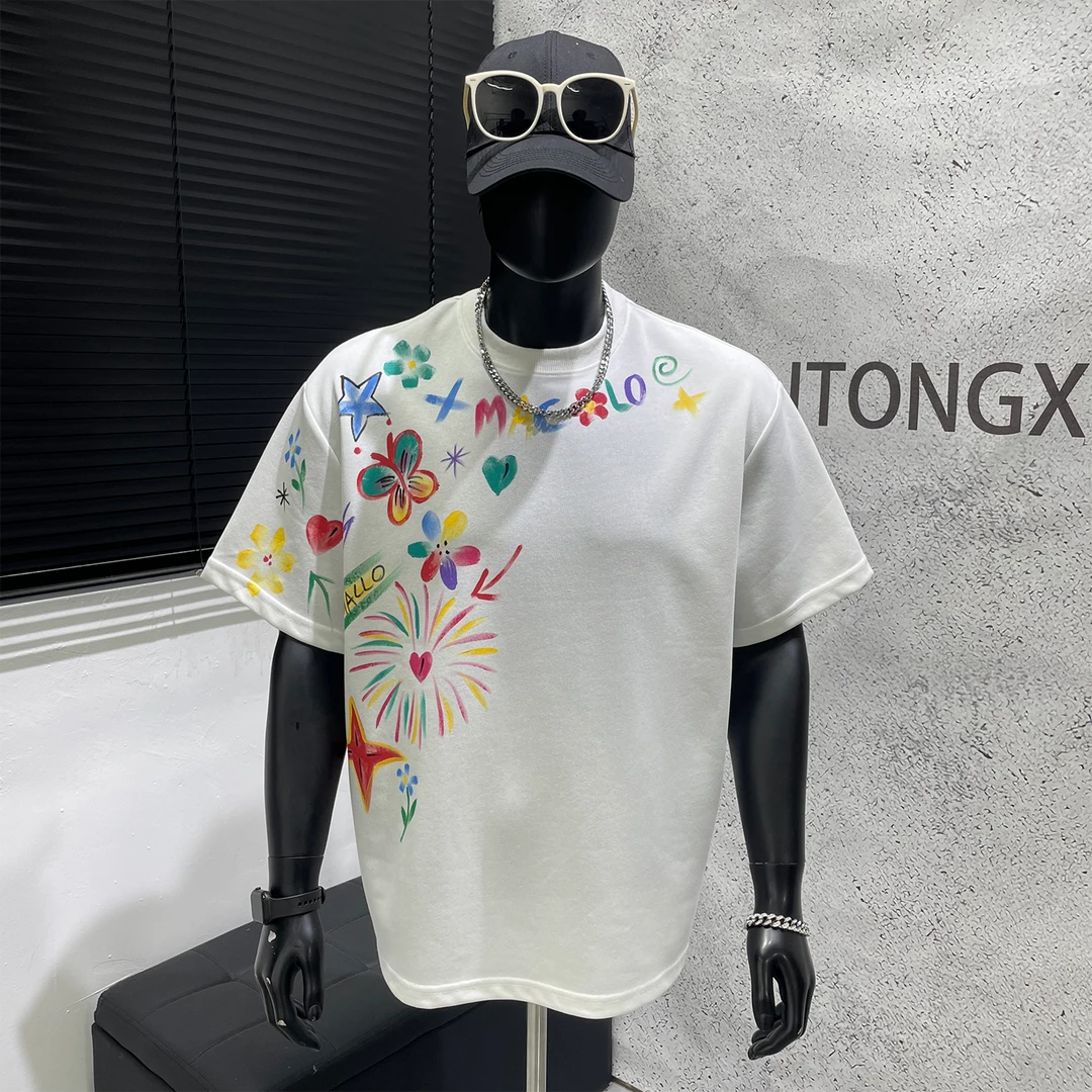 港风小众设计圆领百搭ins韩版复古韩流彩色短袖T恤情侣休闲宽松男