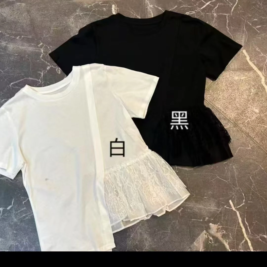 D9102女夏2025新款小心机不规则下摆花边蕾丝拼接上衣T恤
