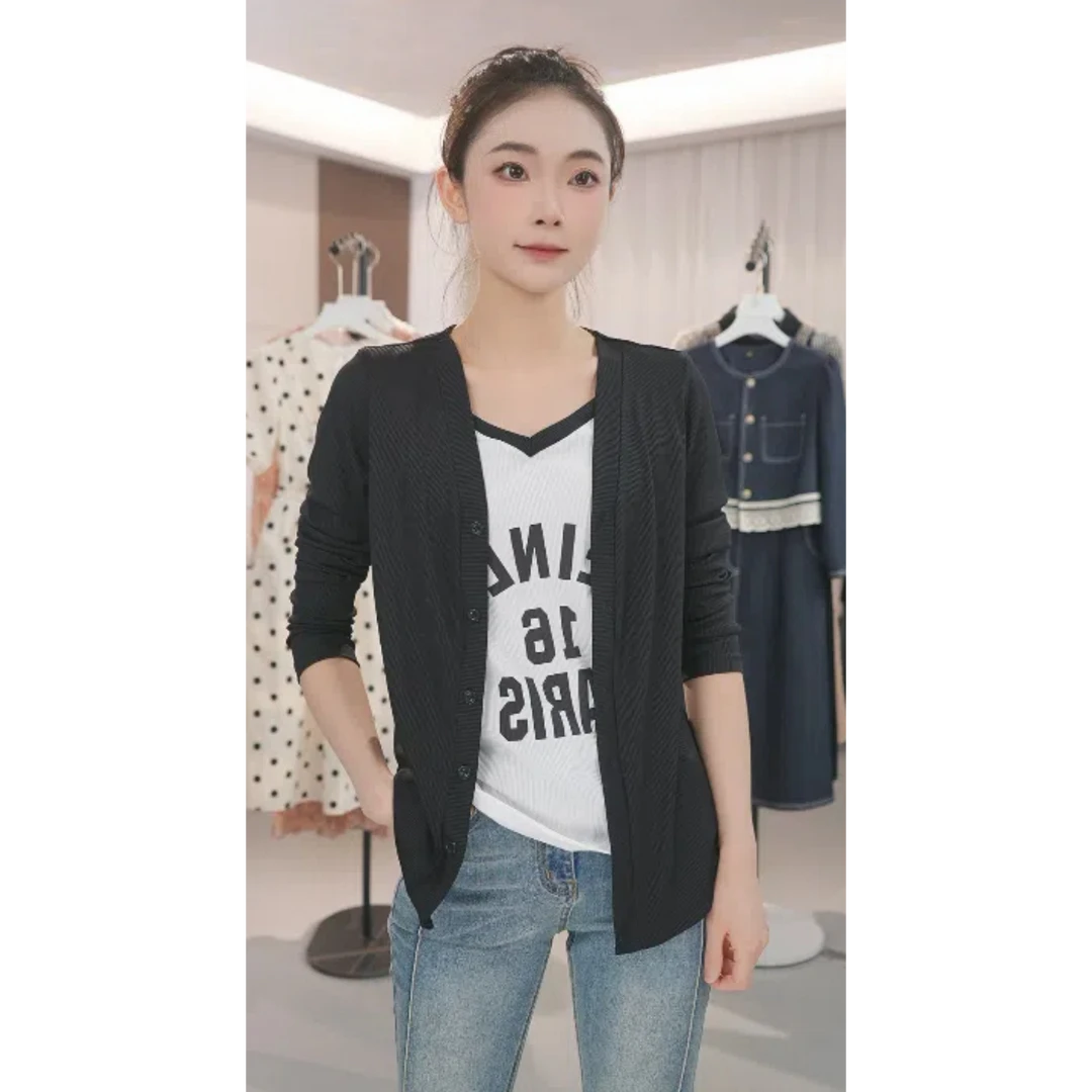 百搭女装字母上衣长袖撞色2025春季新款假两件时尚小衫