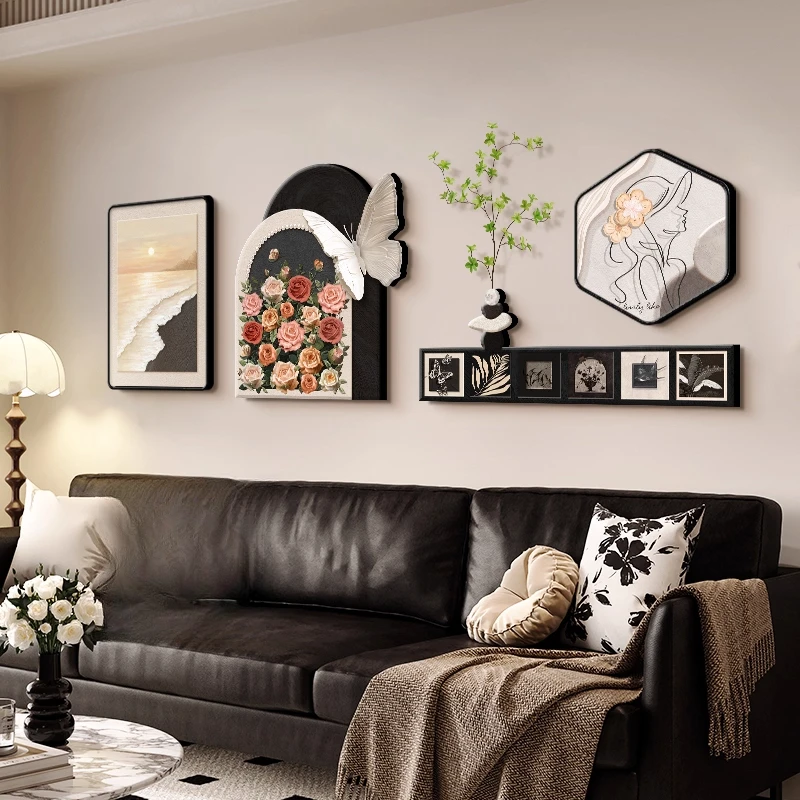 轻中古风客厅玫瑰装饰画沙发背景墙组合壁画奶油风女孩高级感挂画