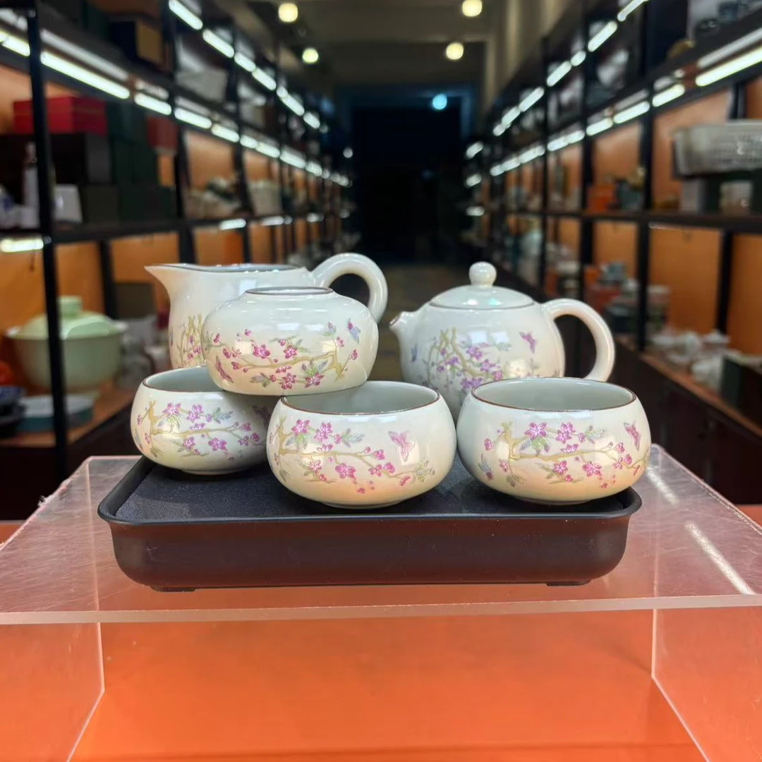 秋香茶具  米黄汝窑锦上添花西施壶一壶四杯功夫茶具无礼盒-4419