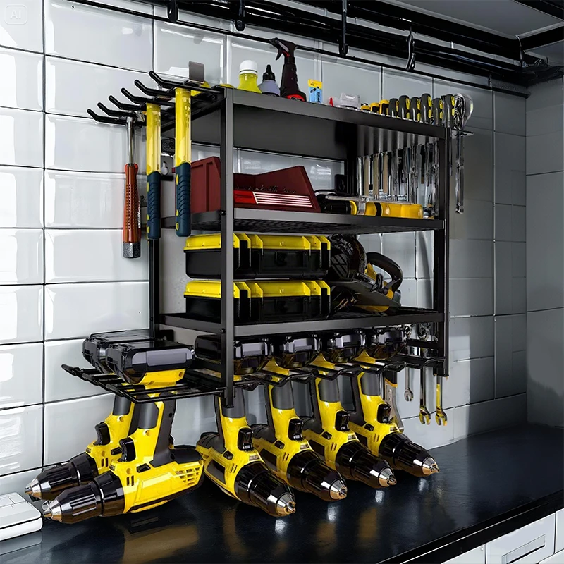 多层电动工具收纳架壁挂式手电钻工具架车库螺丝刀支架工具储物架