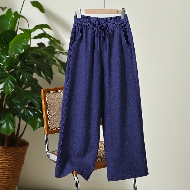 民族风棉麻休闲裤女夏季薄新中式九分裤大码宽松百搭松紧腰阔腿裤
