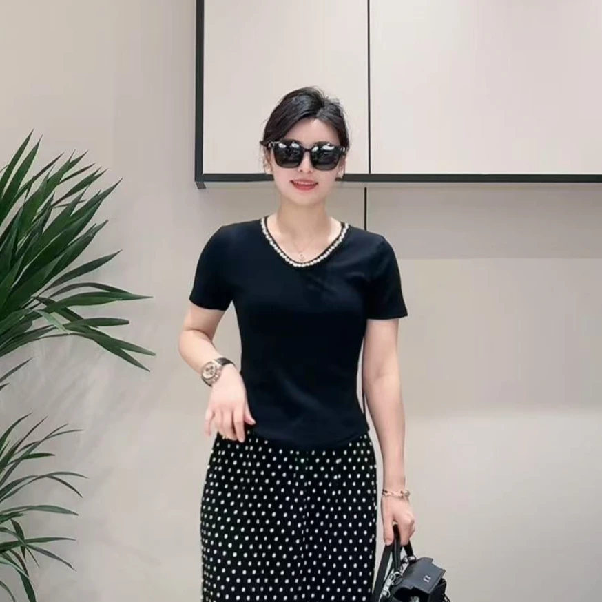 【夏季新款】带钻V领短袖小衫963