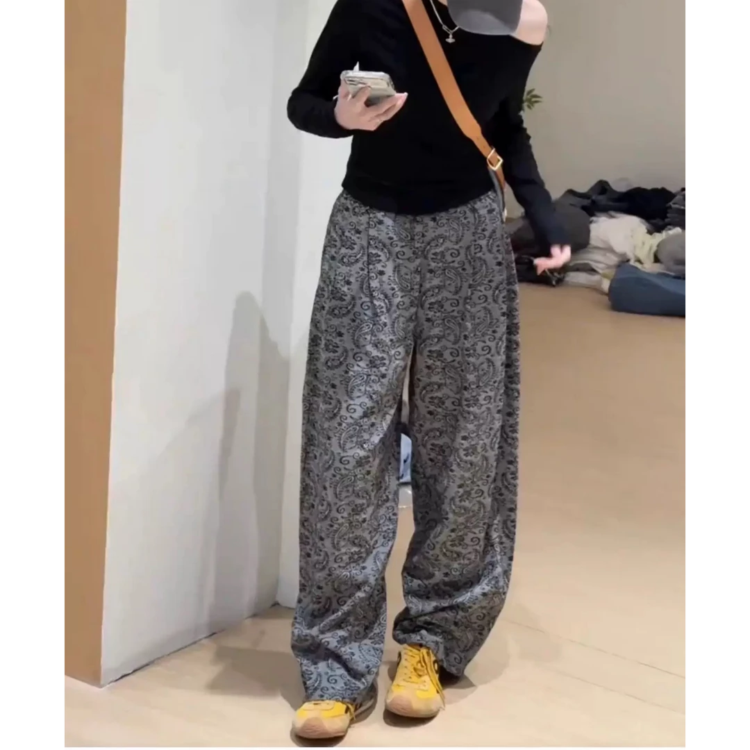 韩系松紧腰提花阔腿裤女2025夏季新款宽松显瘦百搭休闲直筒长裤