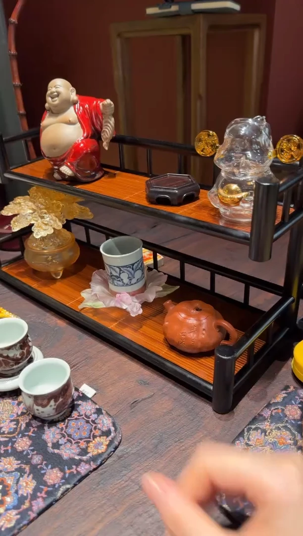 竹编双层置物架收纳茶器