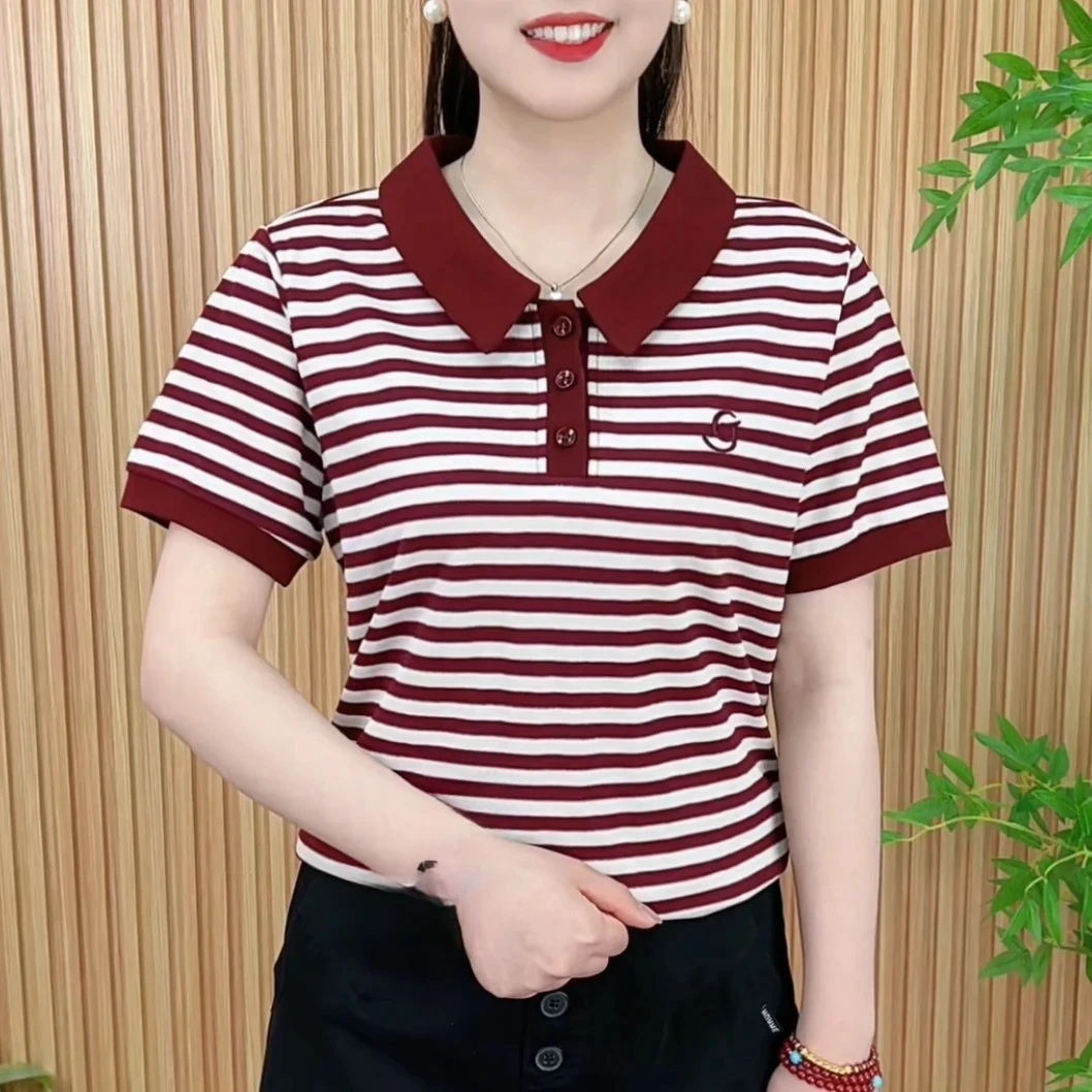 2025夏季新款气质妈妈装翻领修身百搭短袖T恤小衫女上衣正肩撞色