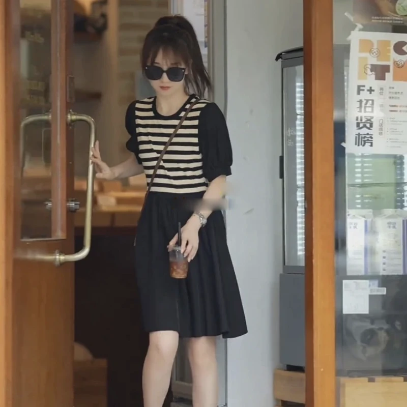条纹拼接短袖连衣裙女装 夏季新款收腰显瘦高级感假两件裙子 2081