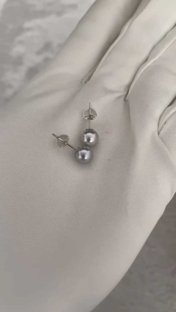 银S925镶嵌海水珍珠耳钉AK真多麻素钉6.5-7mm