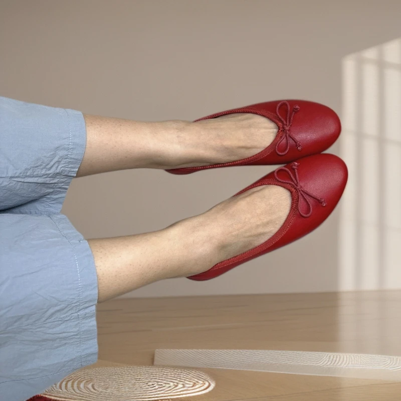 今年流行小红鞋女外贸复古百搭羊皮红色芭蕾鞋蝴蝶结圆头平底单鞋