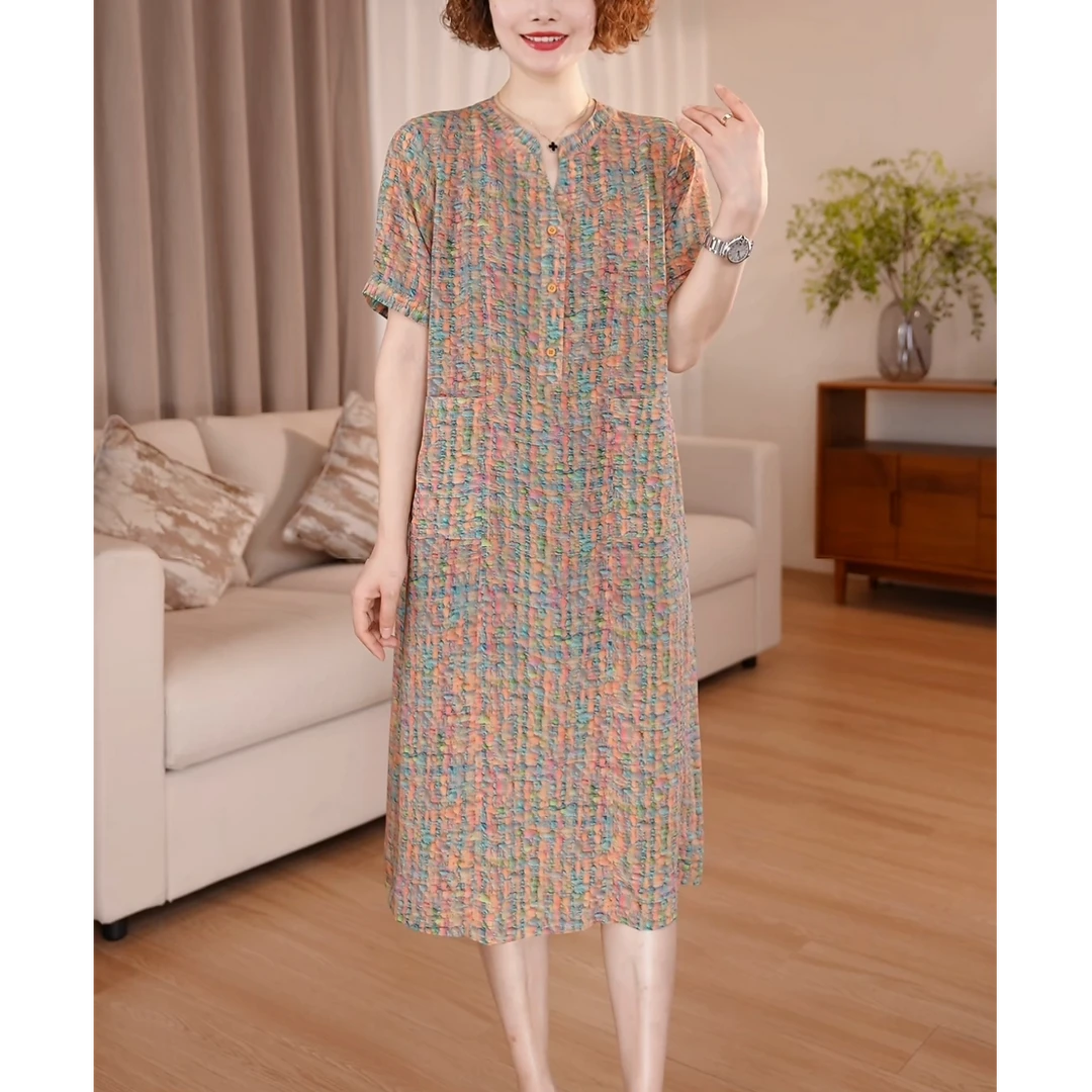 【现货】连衣裙女夏季薄款2025新款大码女士圆领短袖休闲裙子