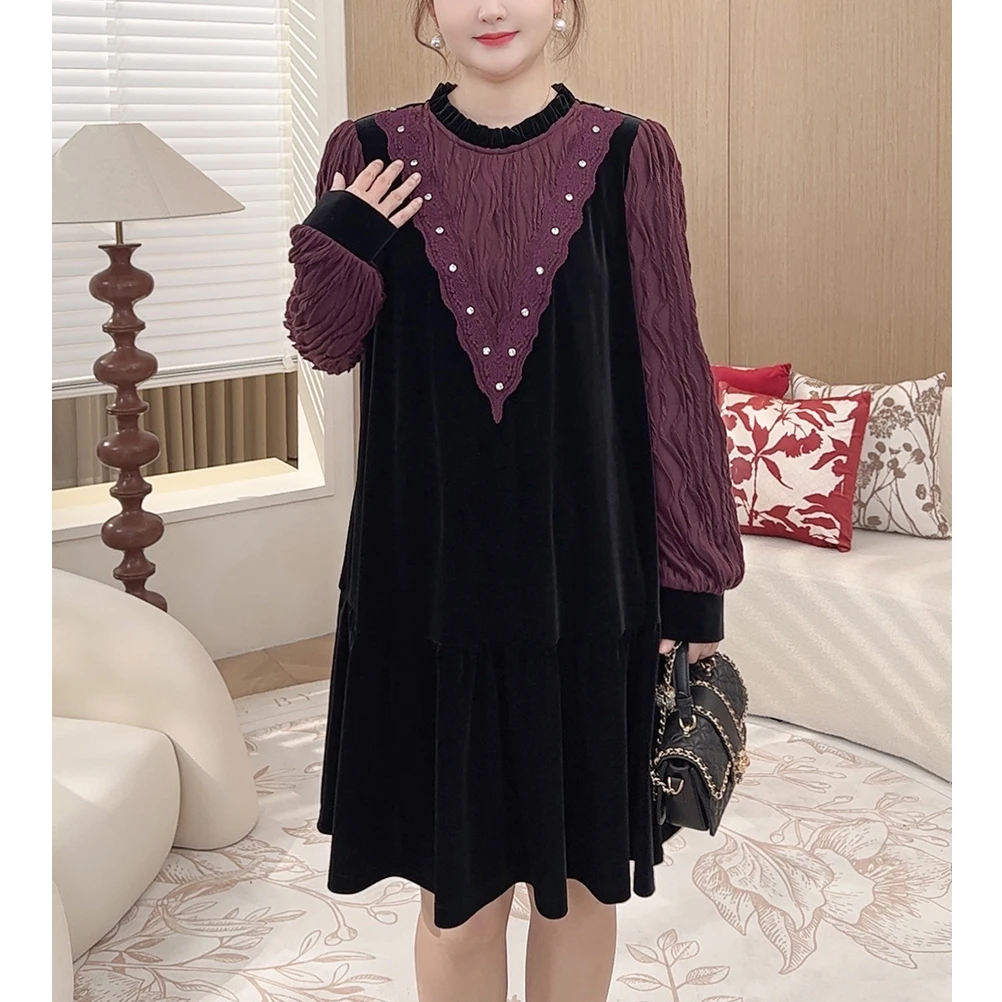 【优雅撞色丝绒连衣裙】MsShe大码女装冬新气质钉钻时尚D~E2412028