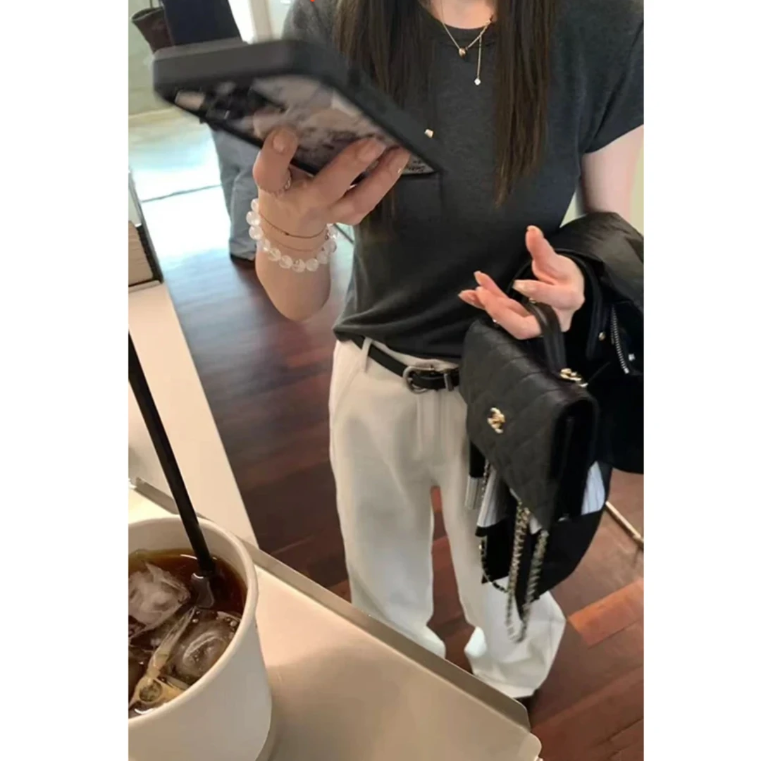 B037韩系2025春季新款时髦洋气修身穿显瘦正肩短袖T恤百搭纯色