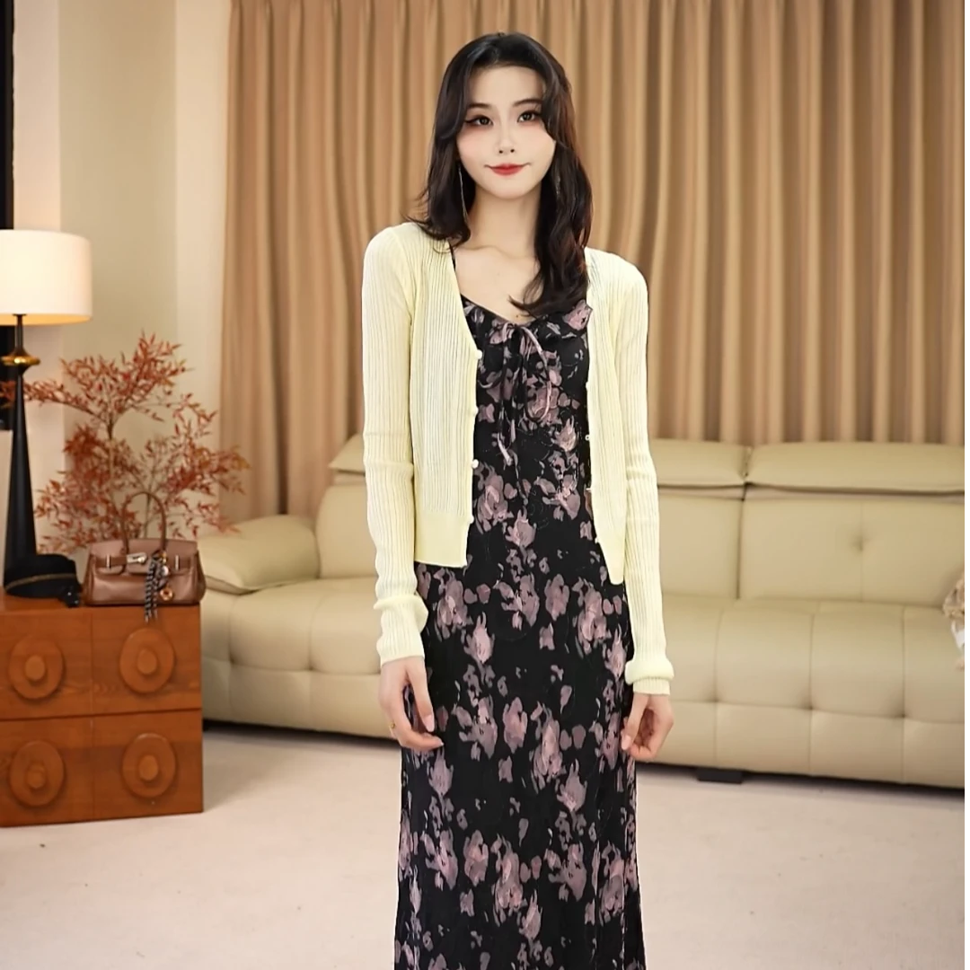 【安安】温柔大气知性简约羊毛黄色开衫8010