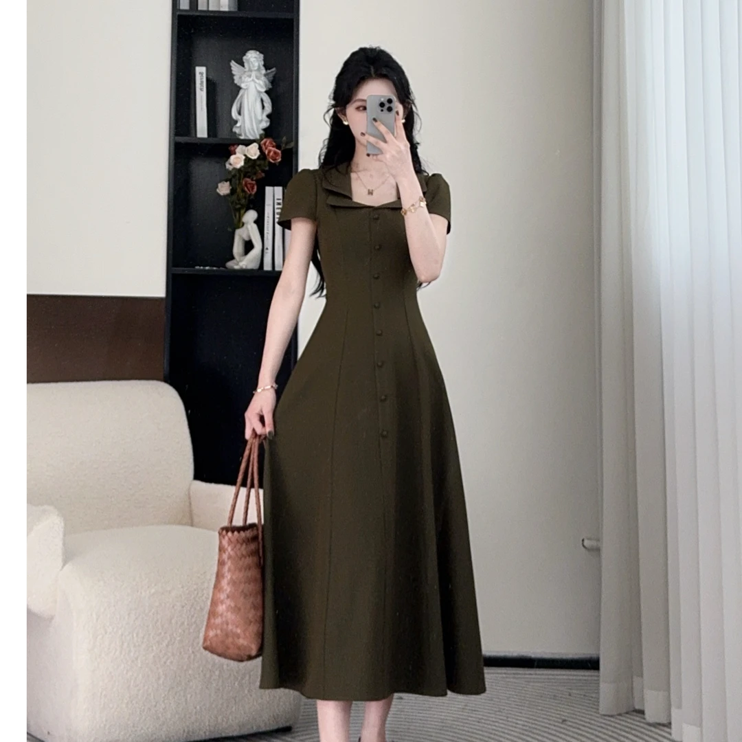 小八定制25夏新法式气质赫本风绝美收腰显瘦绿色连衣裙 00030 LSC