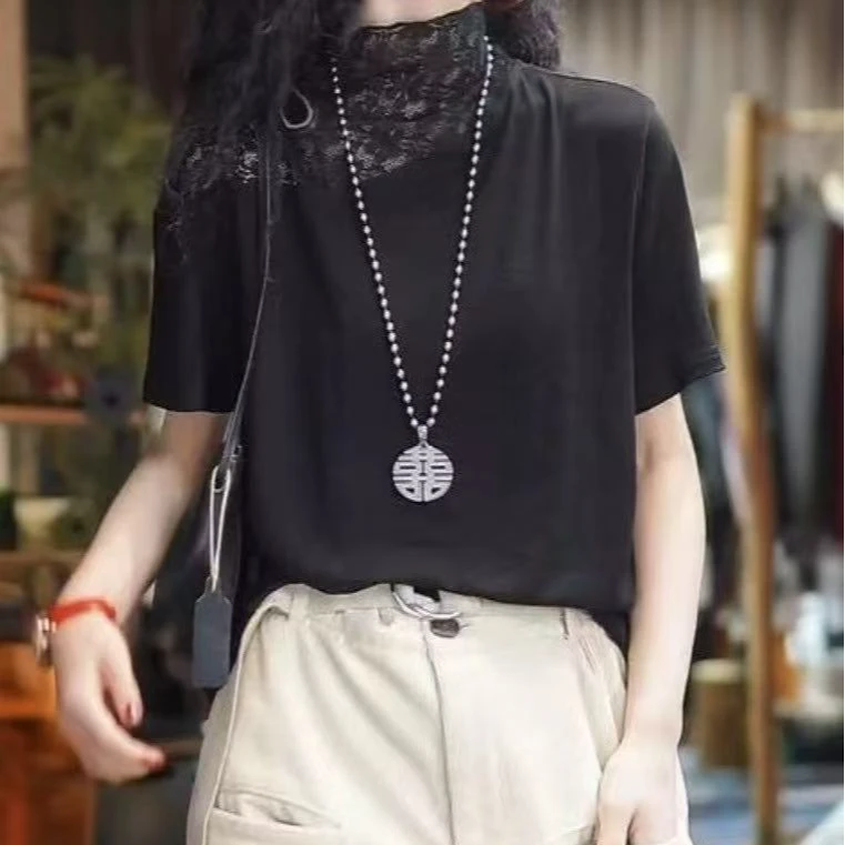 早春夏新款时尚休闲百搭立领蕾丝拼接短袖打底衫女