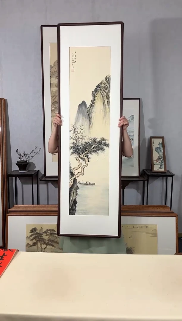 国画手绘*扁舟吟兴*52*172cm带框发货