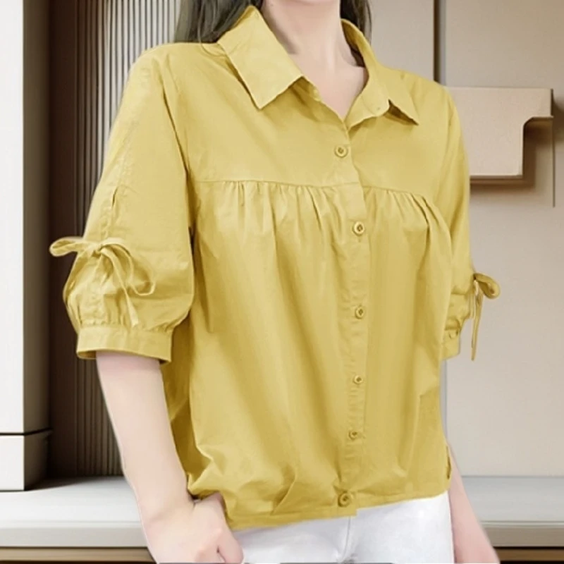 【雅岚女装】时尚洋气显瘦重磅纯棉蝴蝶结衬衫夏季新款宽松洋气短袖