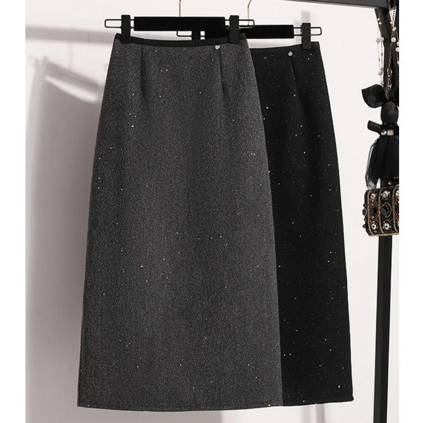 早秋新款小香风亮片包臀裙开叉半身裙中长款高腰显瘦气质2911-2
