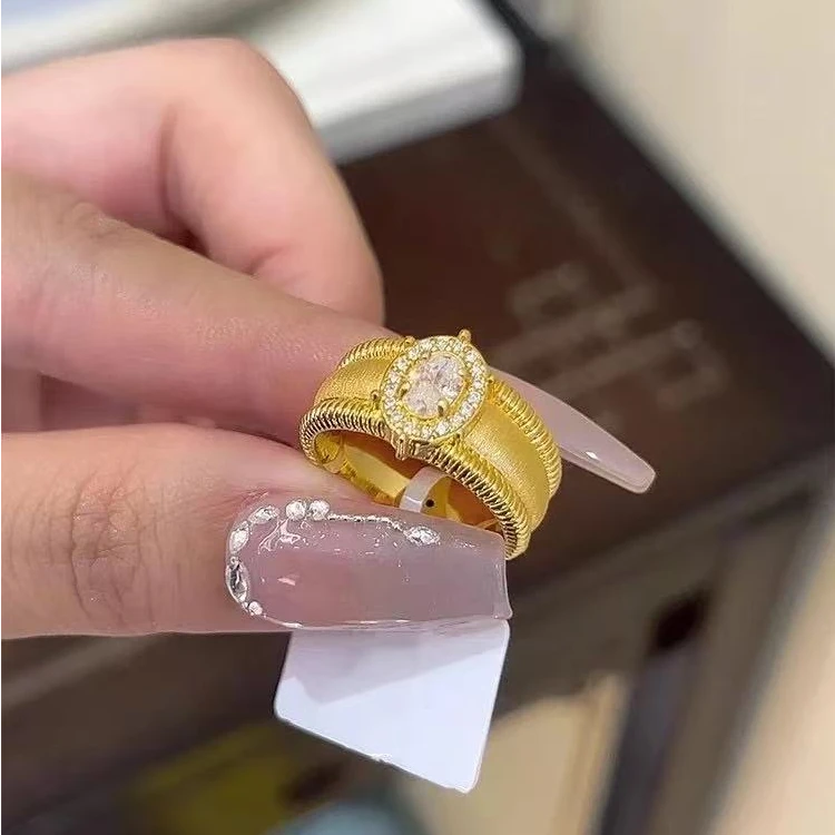 足金999中古鸽子蛋戒指点钻轻奢固口黄金戒指E