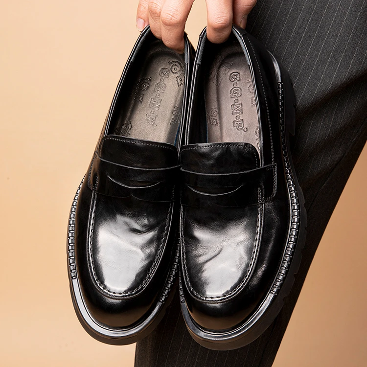 高品质男士休闲皮鞋英伦头层牛皮商务男鞋厚底增高一脚蹬圆头单鞋