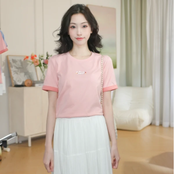 夏季时尚纯棉撞色T恤休闲百搭圆领短袖上衣