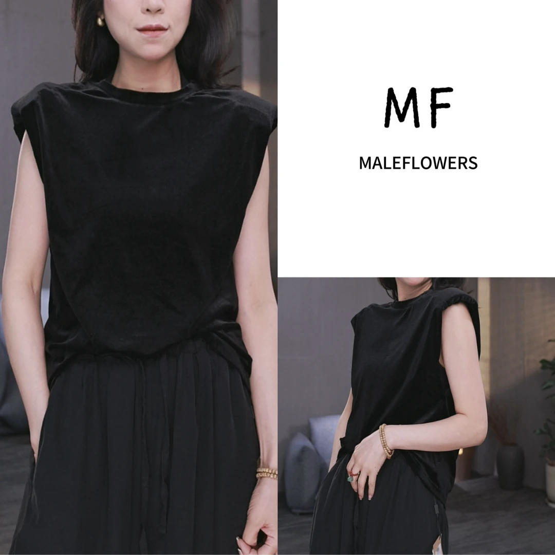 东倪MF 背心女夏季丝绒右肩气质无袖T恤做旧宽松时尚百搭 83A3075