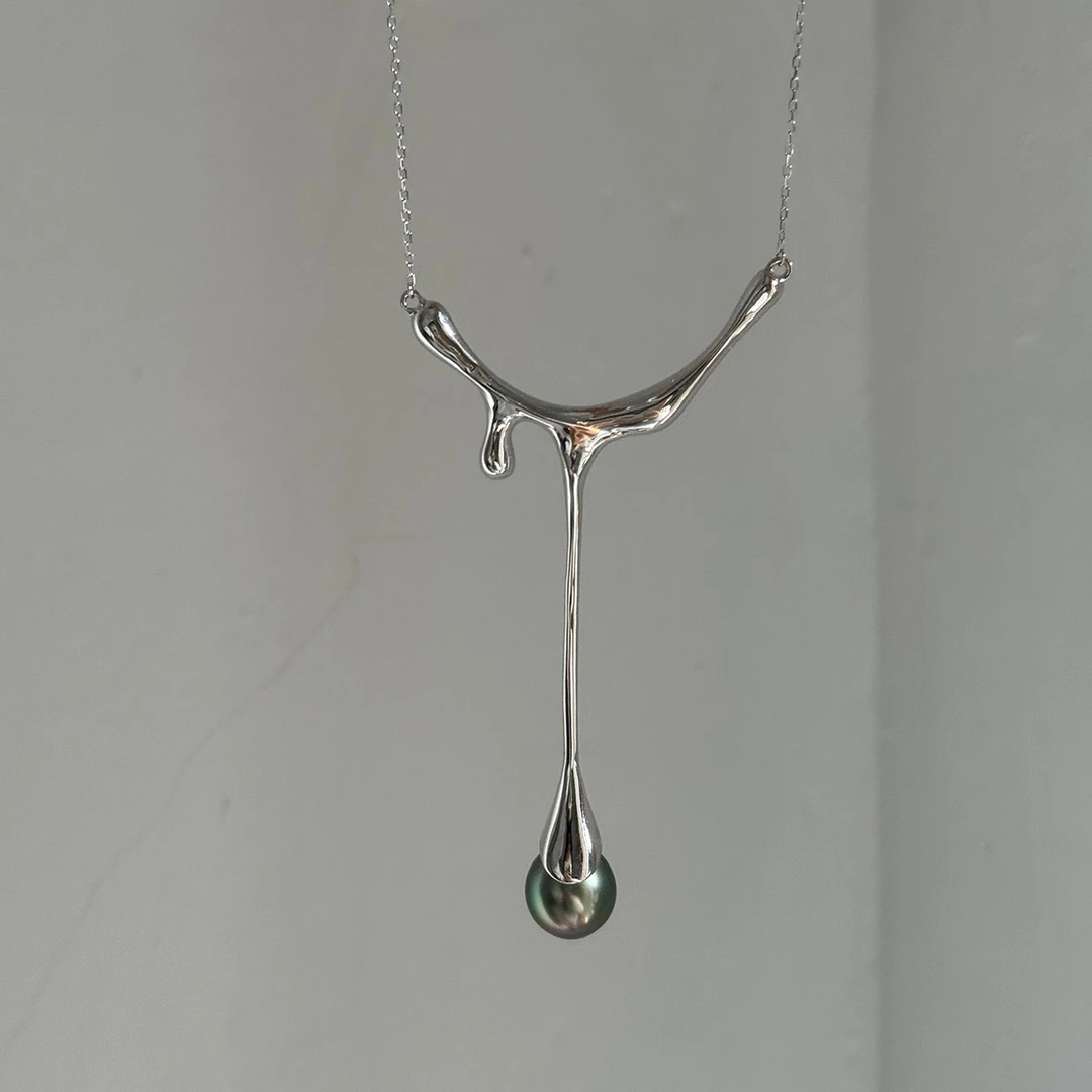 铜合金项链 中古水滴珠珠流苏项链时尚独特小众设计感气质毛衣链