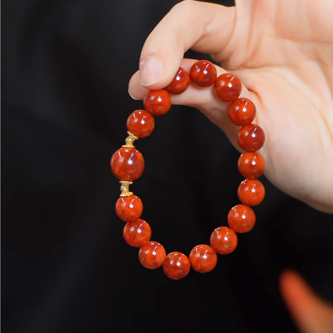 【牛魔王】赤霞·火焰纹精挑优选南红圆珠单圈手链-约10-12mm