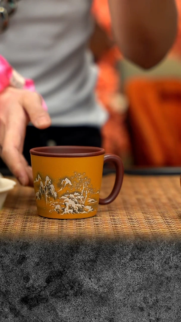 紫砂 宜兴紫砂 雪景把杯