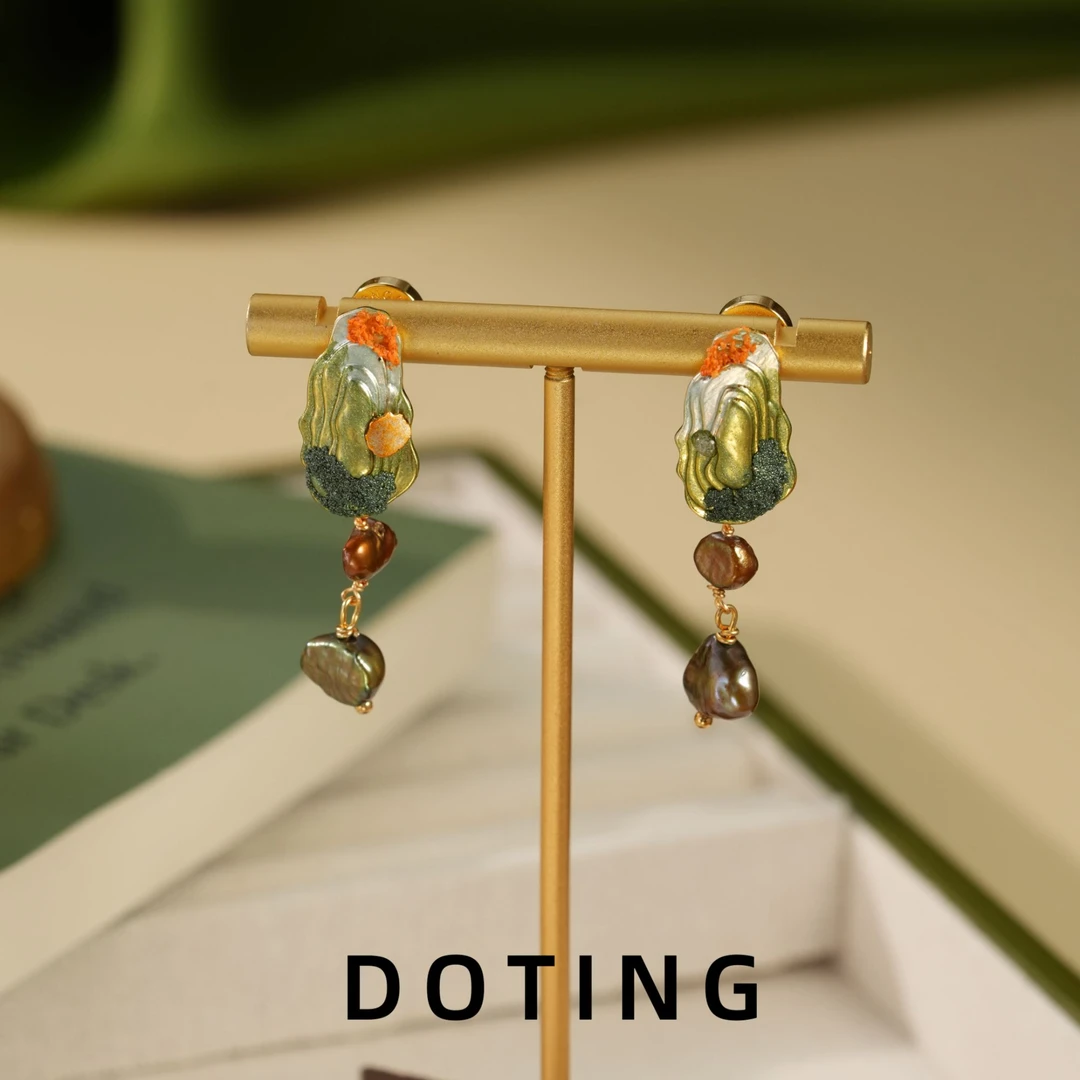 合金仿珍珠耳饰 《山河绘梦》绿色橘色点缀珠珠耳钉ZG-01296