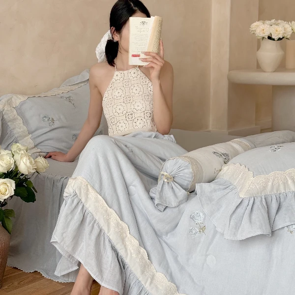 【南法玫瑰】2025新款超柔皱皱纱双层纱韩式简约小清新四件套套件
