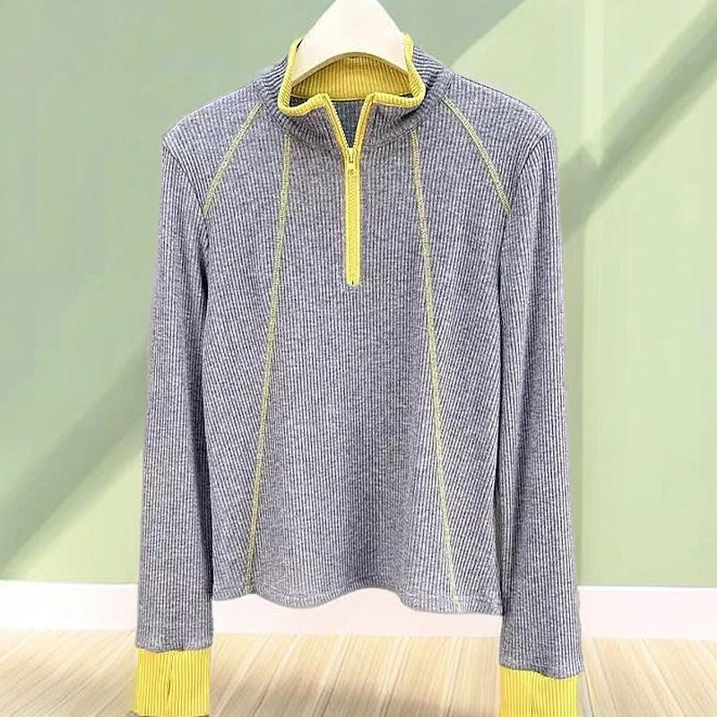 打底衫女款重工明线半拉链撞色打底爆款2025新款显瘦洋气百搭长袖