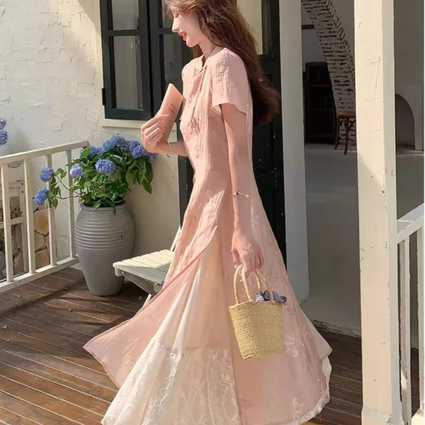 【瑶芳】300斤特大码女装胖mm粉色新中式改良版立领拼接显瘦旗袍裙